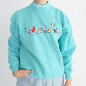 Vintage Morning Sun Turquoise Songbird Wildlife Nature Scenic Animal Sweater M